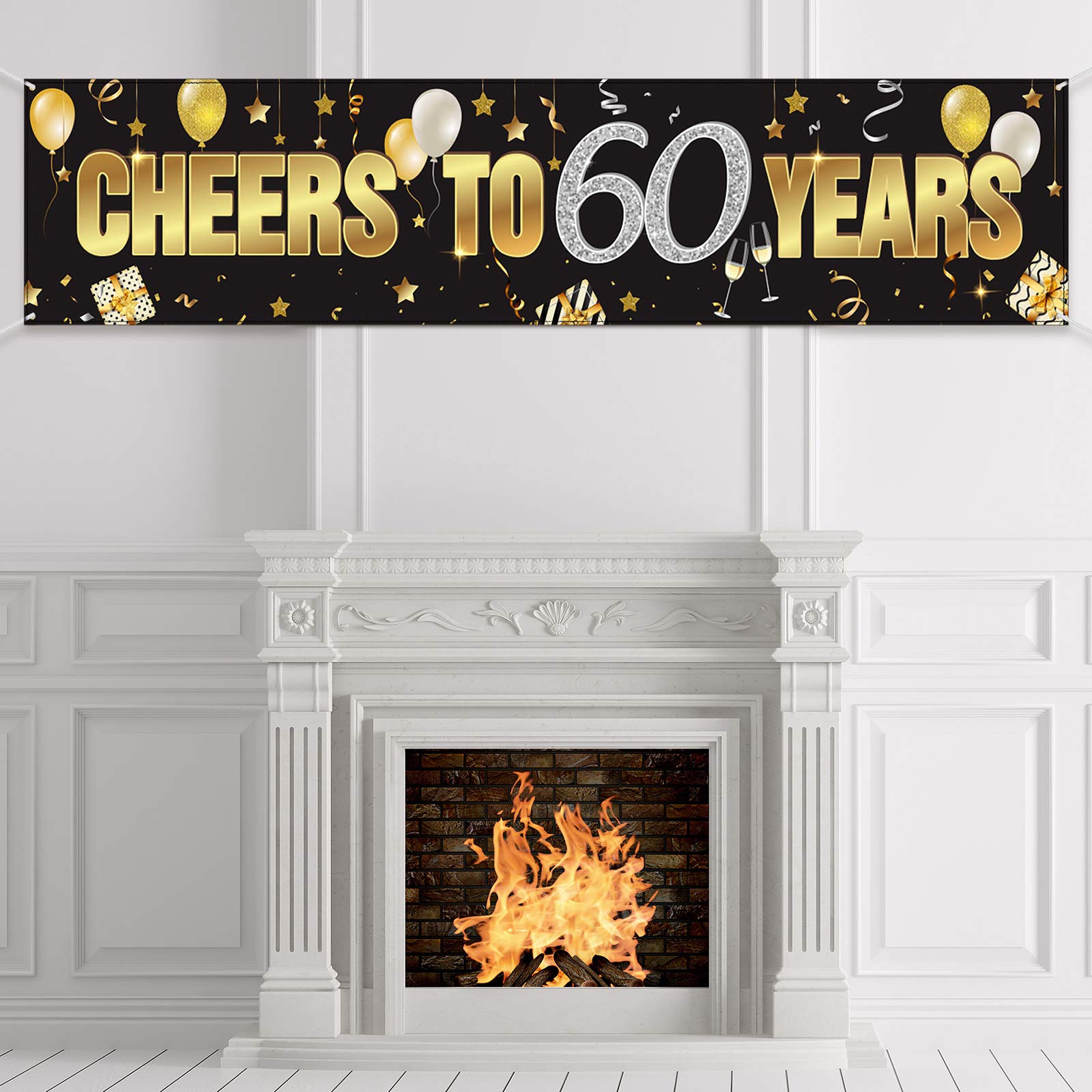 Photo 1 of Boao 60th Birthday Banner Decorations for Men Women Happy Cheers to 60 Years Party Supplies Black Gold Backdrop for 60th Birthday Decor