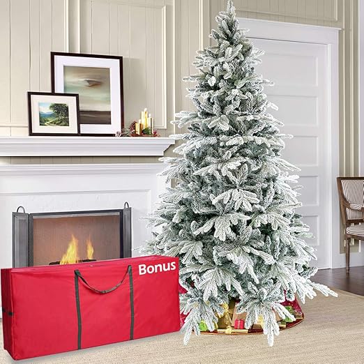 Amazon Com Kalwason 7ft Flocked Artificial Christmas Tree Snowy Spruce Unlit Xmas Tree Include Storage Bag 1699 Branch Tips 51 Wide Home Kitchen