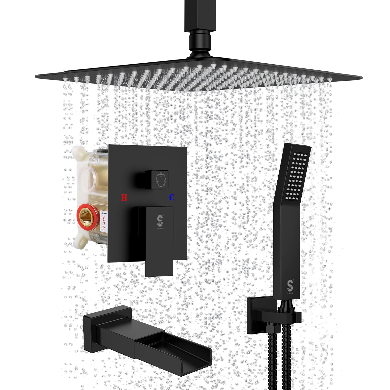Photo 1 of SR SUN RISE 12 Inches Shower System with Tub Spout Modern Tub and Shower Faucet Combo 1.8GPM All Metal Square Rainfall Shower Head and Handheld Shower Fixture Include Valve and Trim Kit, Matte Black