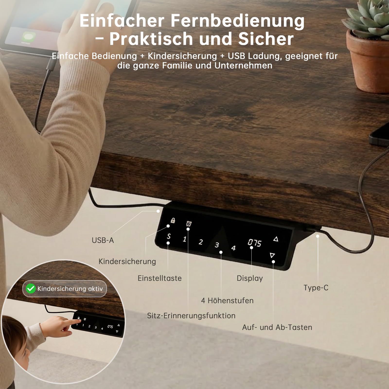 Devoko Höhenverstellbarer Schreibtisch mit 2 Motoren，25mm Einteilige Tischplatte, 160x80 cm Elektrisch Computertisch mit Kabel Management, Vintagebraun - Perfekte Ergonomie für Dein Büro 5