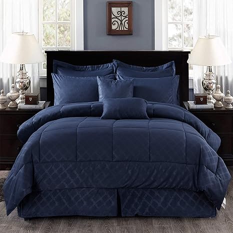 Amazon Com Merry Home 10 Piece Comforter Set Bed In A Bag With Sheet Set Plush Luxury Solid Color Cal King Comforter Set With Quilted Pattern For All Season Navy Home Kitchen