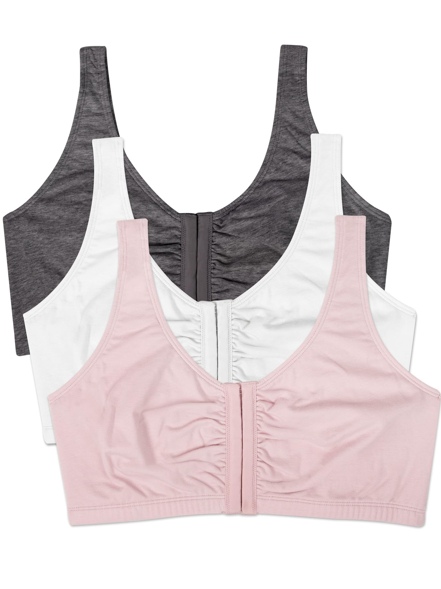 Photo 1 of Fruit of the Loom Women's Front Close Builtup Sports Bra, Blushing Rose/Charcoal/White 3-Pack, 34