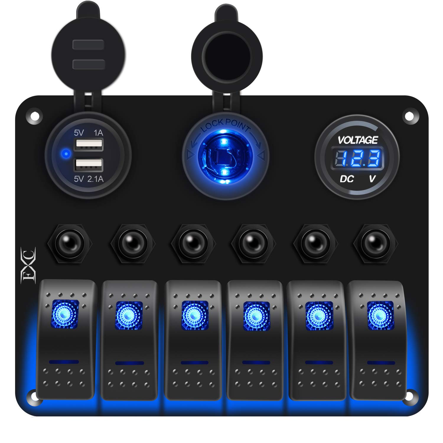 FXC Waterproof Marine Boat Rocker Switch Panel 6 Gang with 3.1A Dual USB Slot Socket + Cigarette Lighter +LED Voltmeter with Overload Protection for Car Rv Vehicles Truck (6 Gang Blue LED) (6 Blue): Industrial & Scientific