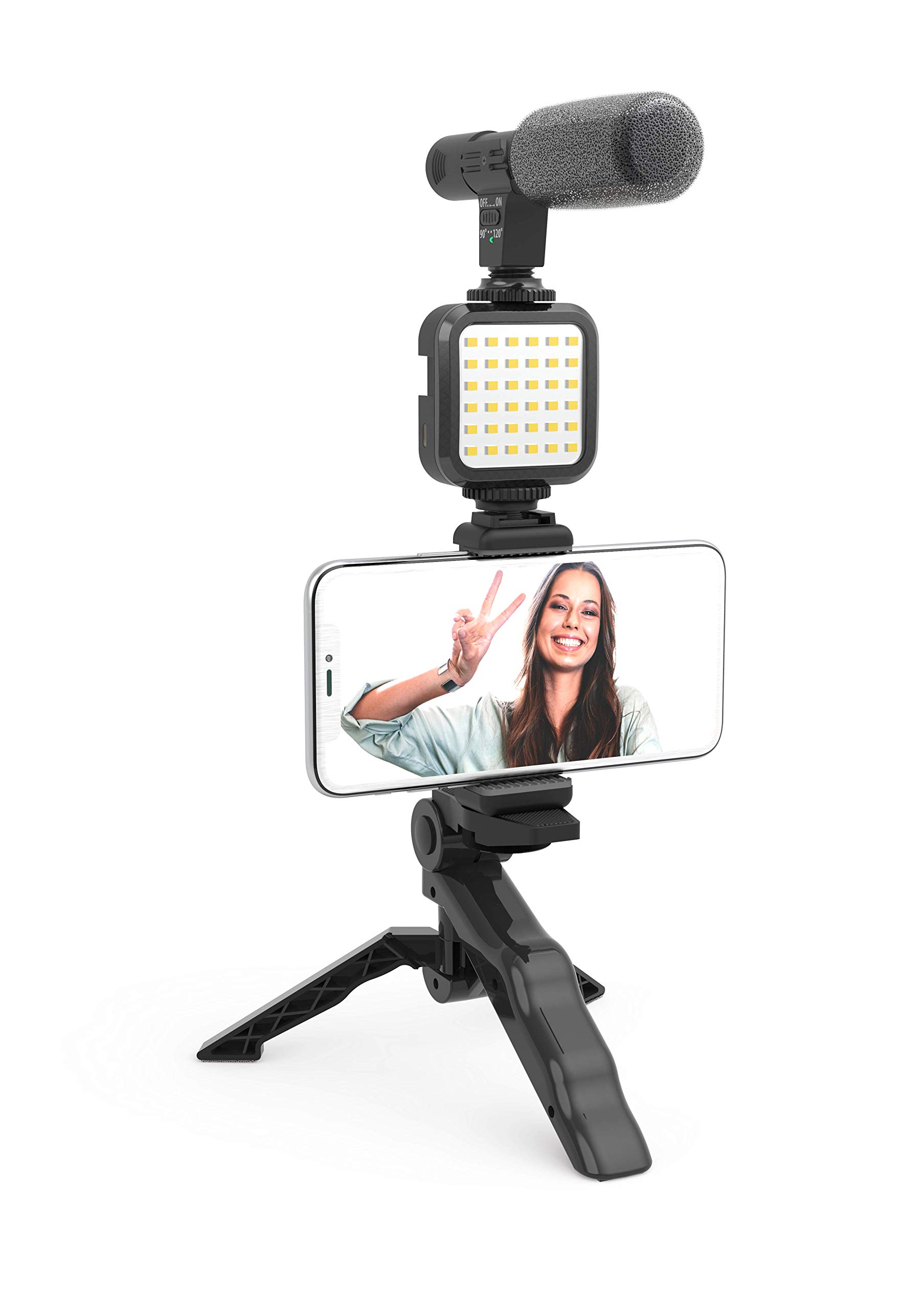 DigiPower Vlogging "Like Me" LED Video Light + Microphone + Mobile Phone Holder + Hand Grip/Mini Tripod Compatible with Smartphones for TikTok, Youtube, Live Streaming and Meetings