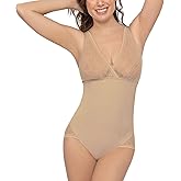 Leonisa Sheer Stripe Detail Sculpting Bodysuit - Tummy Control Shapewear for Women, Small, 801 - Golden Beige