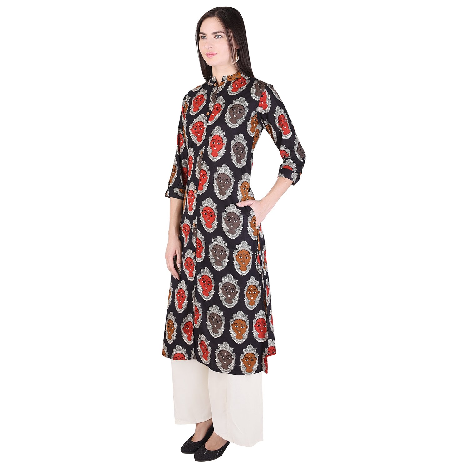 indiwest rayon printed black-off-white women's kurti ( with pocket)with rayon solid palazzo