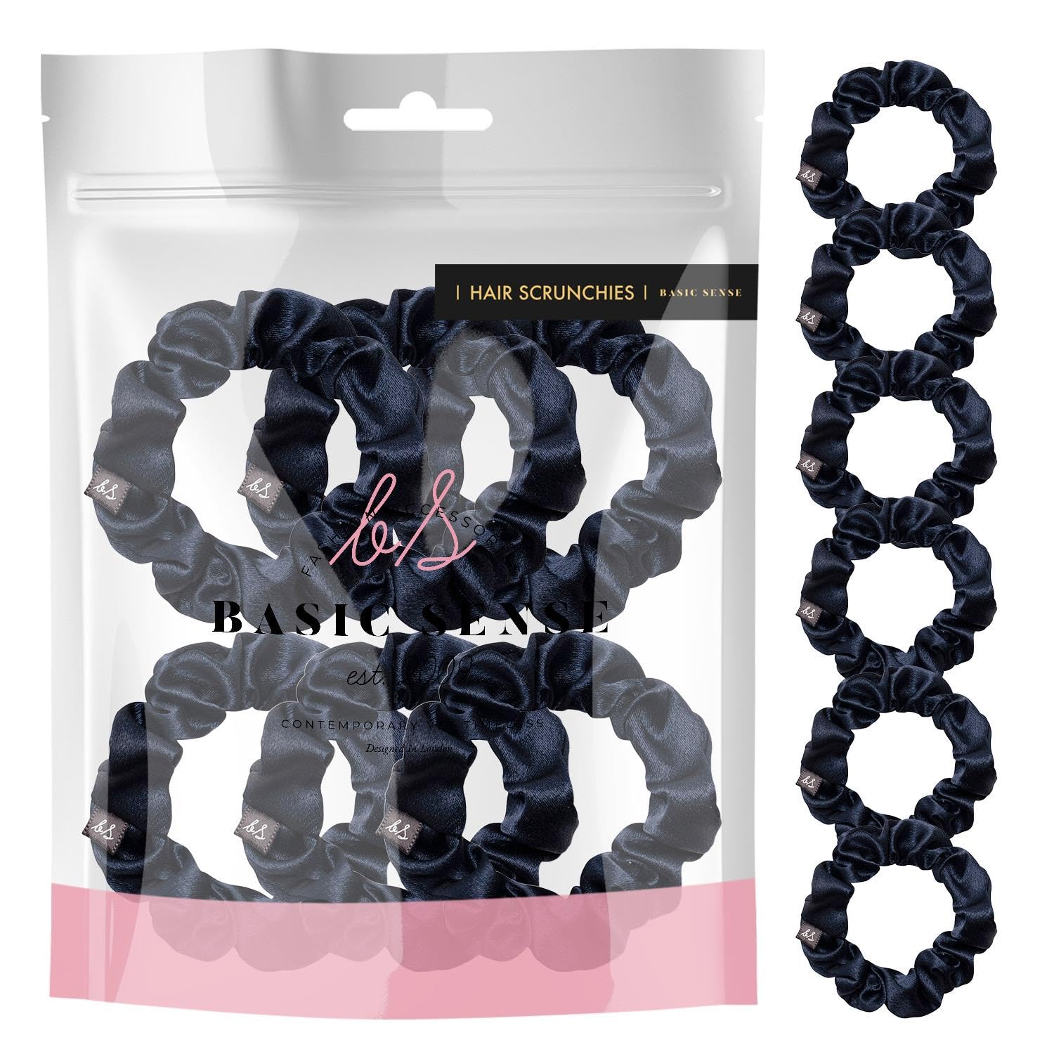 Basic Sense Skinny Satin Hair Scrunchies for Fine Hair, Snag-Free, Strong Hold, A set of 6pcs, Navy