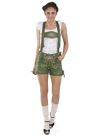 Damen Lederhose Alpengrün kurz - Trachtenlederhose Oktoberfest Vintage Lederhose Büffelleder