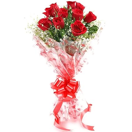Floralbay Red Roses Bouquet Fresh Flowers In Cellophane Wrapping (Bunch Of 10)