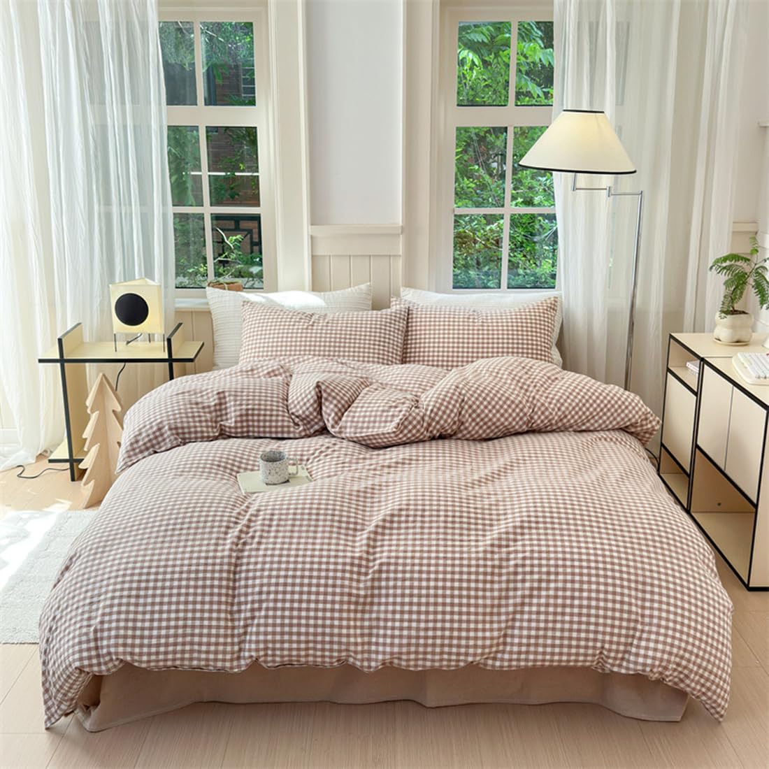 Ruccit Beige Gingham Duvet Cover King Size 100% Washed Cotton Tan Plaid Grid Duvet Cover Set King Checkered Pattern 3PCS Quilt Cover Bedding Set with Zipper Closure Corner Ties,Soft,Breathable