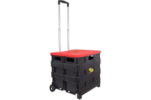 dbest products Quik Cart Collapsible Rolling Crate on Wheels for Teachers Tote Basket 80 lbs Capacity, Made from Heavy Duty Plastic and used as a Seat, Standard, Red