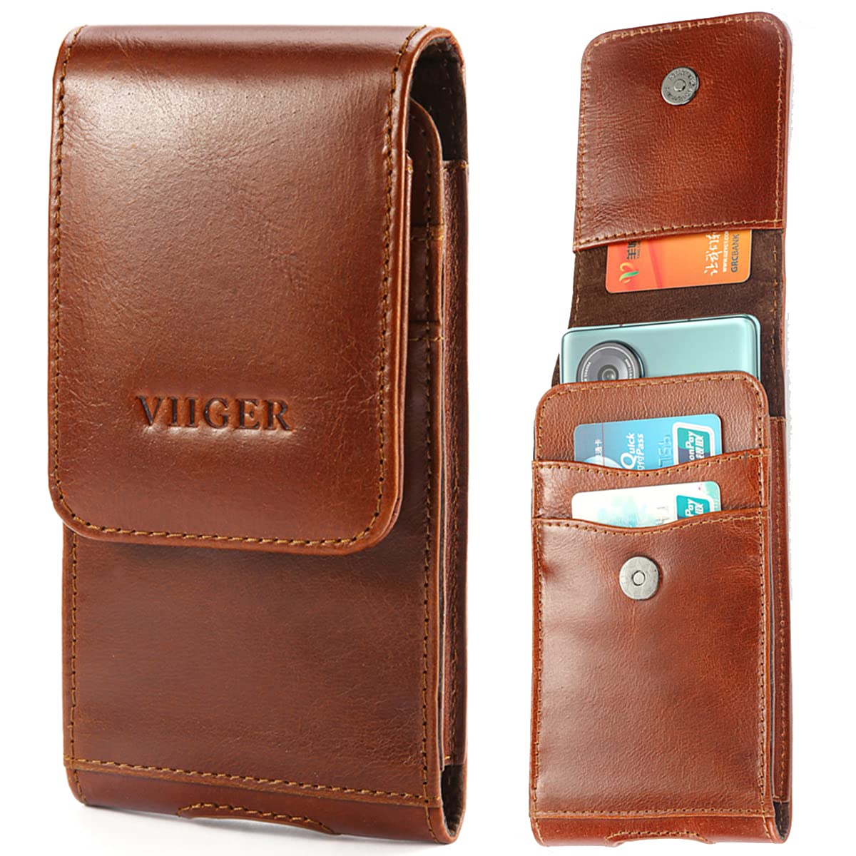 VIIGER Leather Cell Phone Holster for Belt, Flip Phone Case Smartphone Pouch for iPhone 15 Pro Max iPhone 14 Pro Galaxy S25 S25+ S24 A15 5G, Belt Loop Clip, Universal Belt Pouch for Men Women, Brown