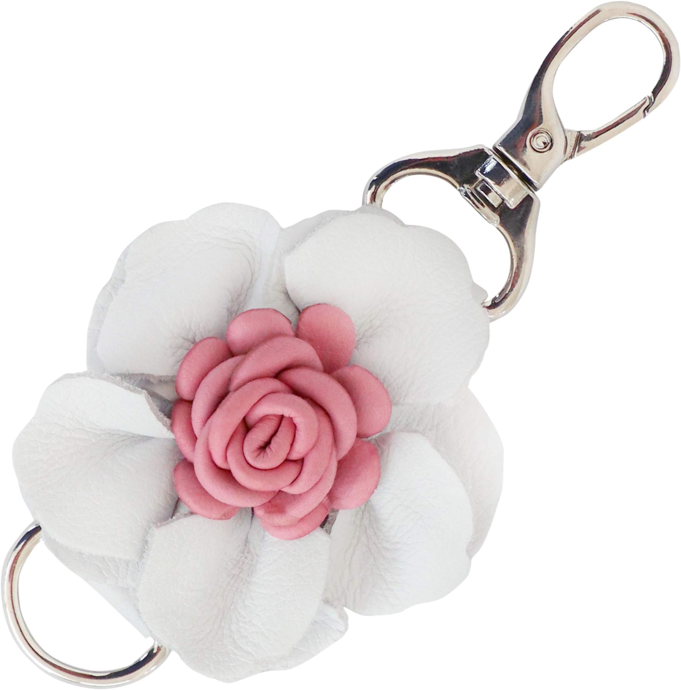 Genuine Leather Handmade Flower Charm, Pom Pom Keychain, Keyring for Tassel Bags Purse Backpack (White Pink)
