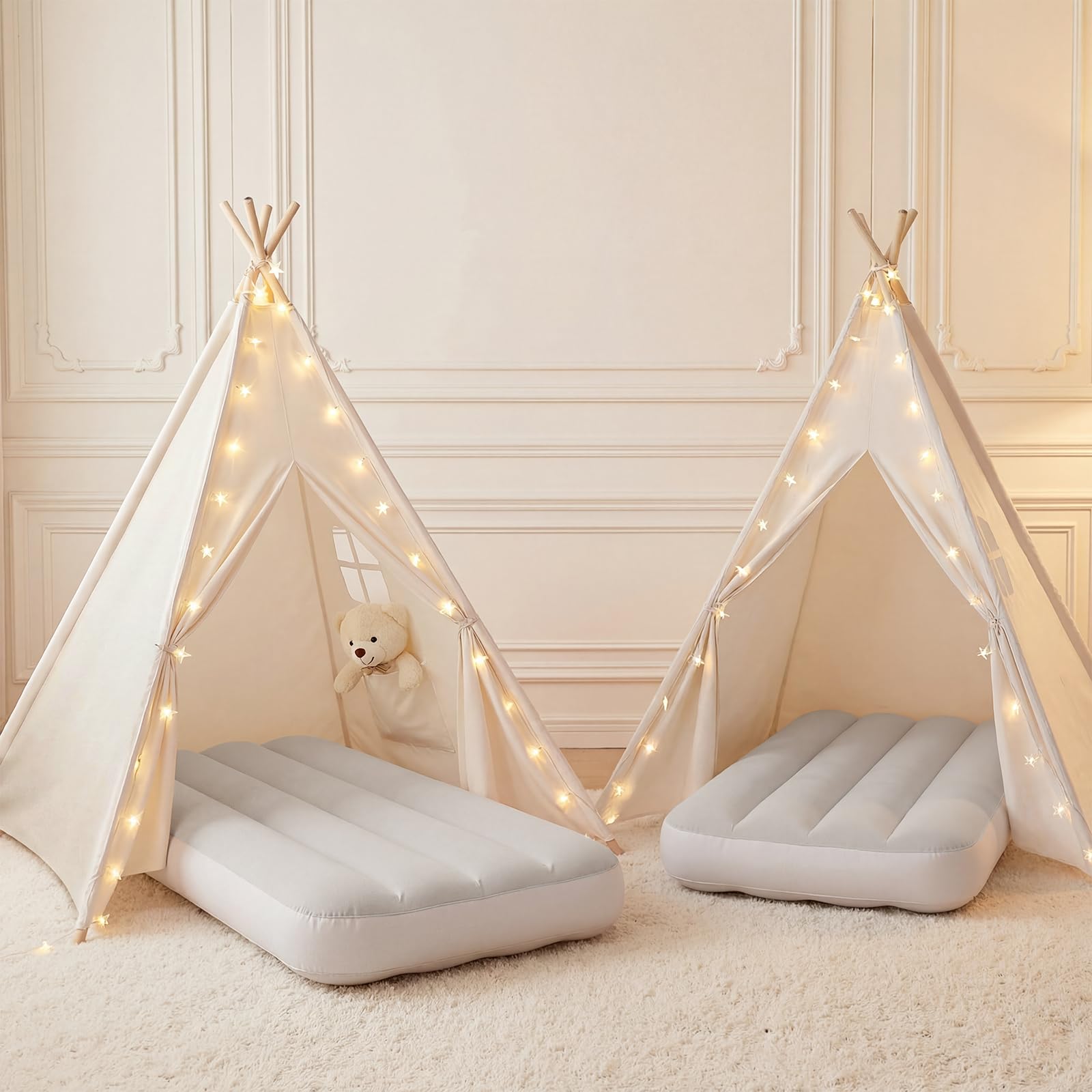 Photo 1 of wilwolfer 2 Pack Teepee Tent for Kids with Inflatable Airbed, Indoor Play Tent Foldable for Boys Girls Party Sleepover Slumber Gifts Toy