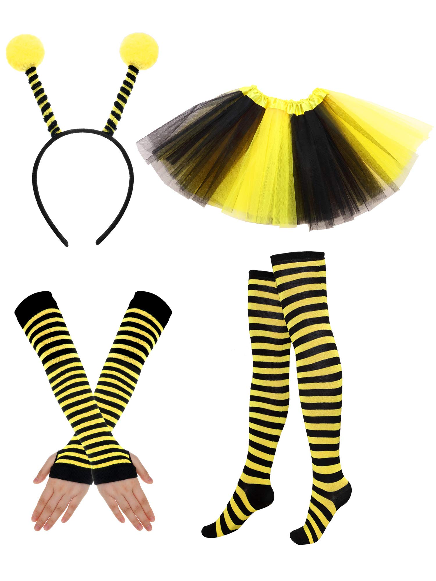 Syhood Bee Costume Kit Women Mardi Gras Carnival Bee Costume Adult Yellow Bopper Antenna Headband Tutu Skirt Leg Warmer Stocking Gloves (Yellow,Small)