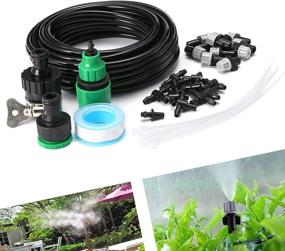 FOLUXING 32.8Ft Misting System, Outdoor Cooling Mist System Drip Irrigation Mister with 10pcs Misting Nozzle Spinklers for Home Garden Patio