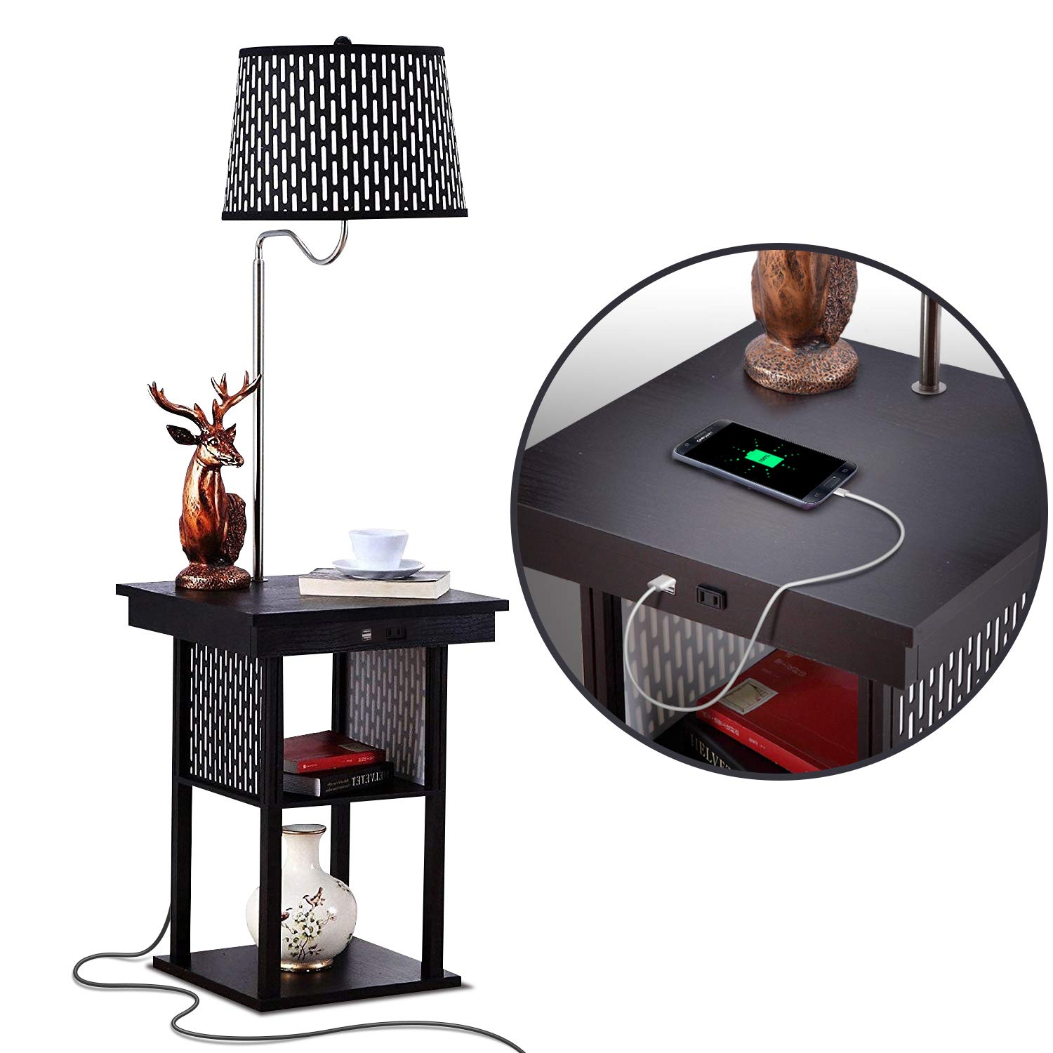 Madison - Narrow Nightstand with Built in Lamp, USB Port & Shelves for Bedrooms - Mid Century Modern End Table & Attached Floor Lamp for Living Rooms - Side Table & Reading Light - Black