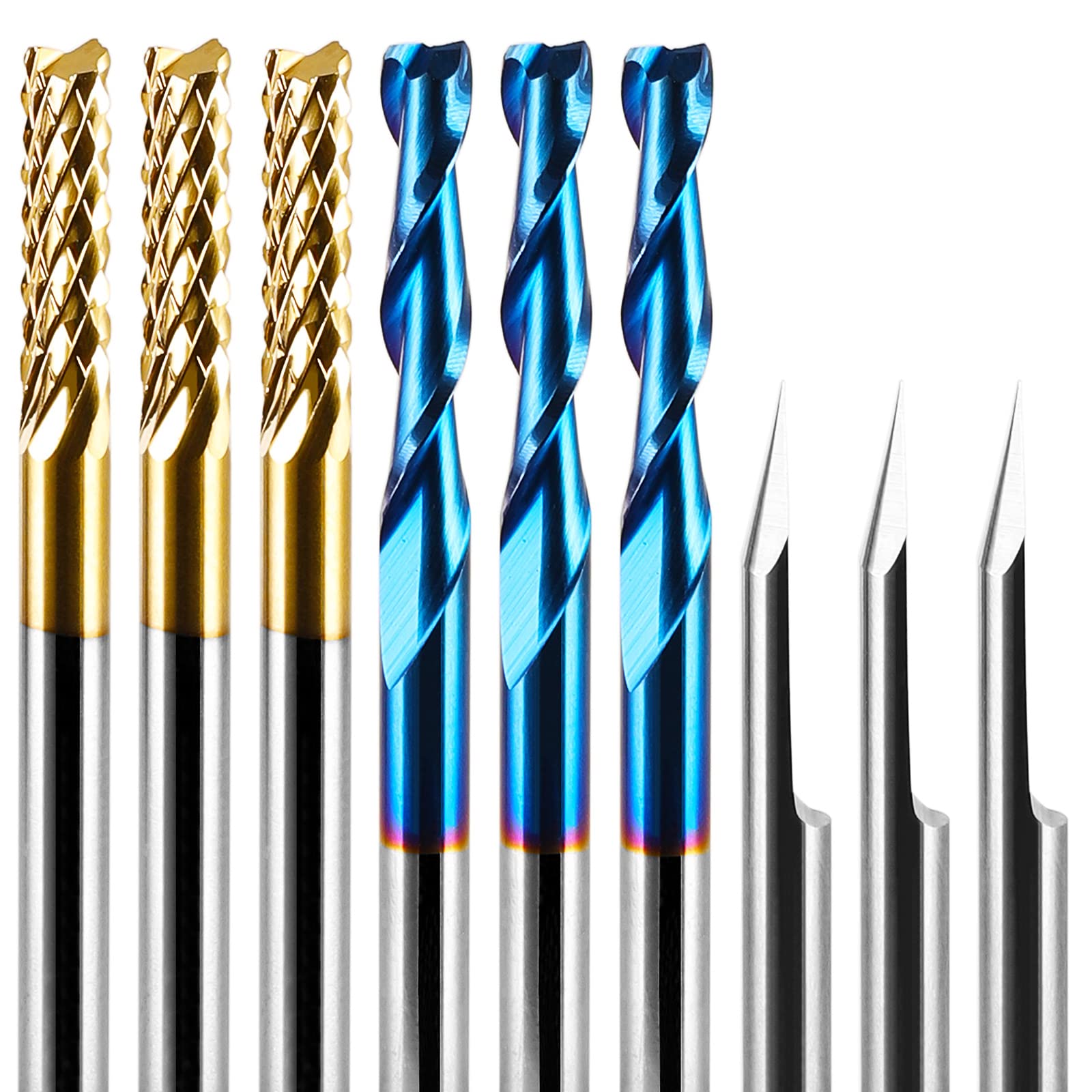 30pcs End Mills CNC Router Bits, 1/8'' Shank, Including 2-Flute Nano Blue Coat Flat Nose End Mill, Titanium Coat CNC Bits & 30° V-Groove Engraving Bits, MC30B