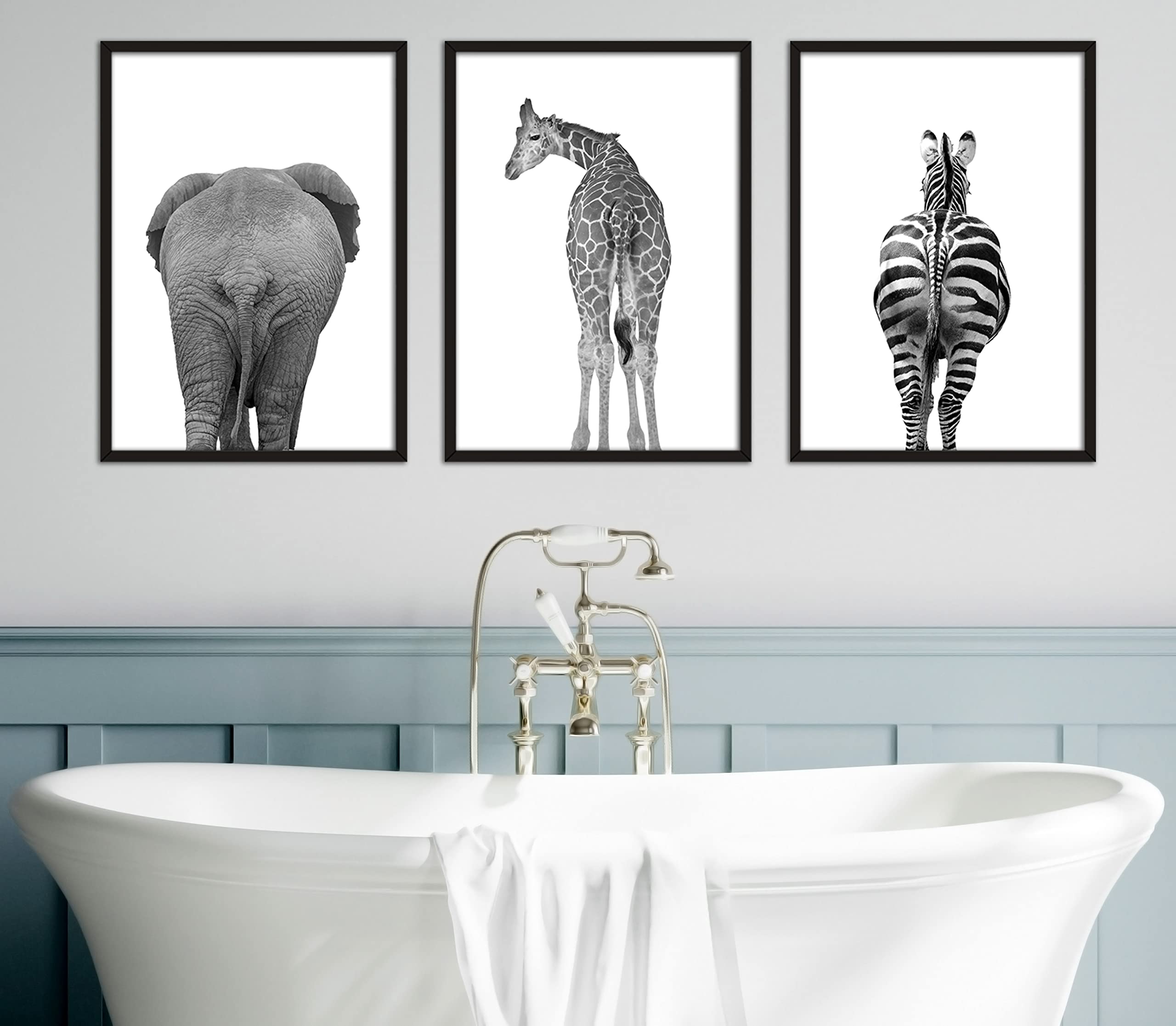 Eviepops Prints Elephant Giraffe Zebra Bum Unframed 3 Safari Animal Prints in Grey, Funny Home Decor, Home Wall Art, New Home Gift, Monochrome Prints (A3) — image 1