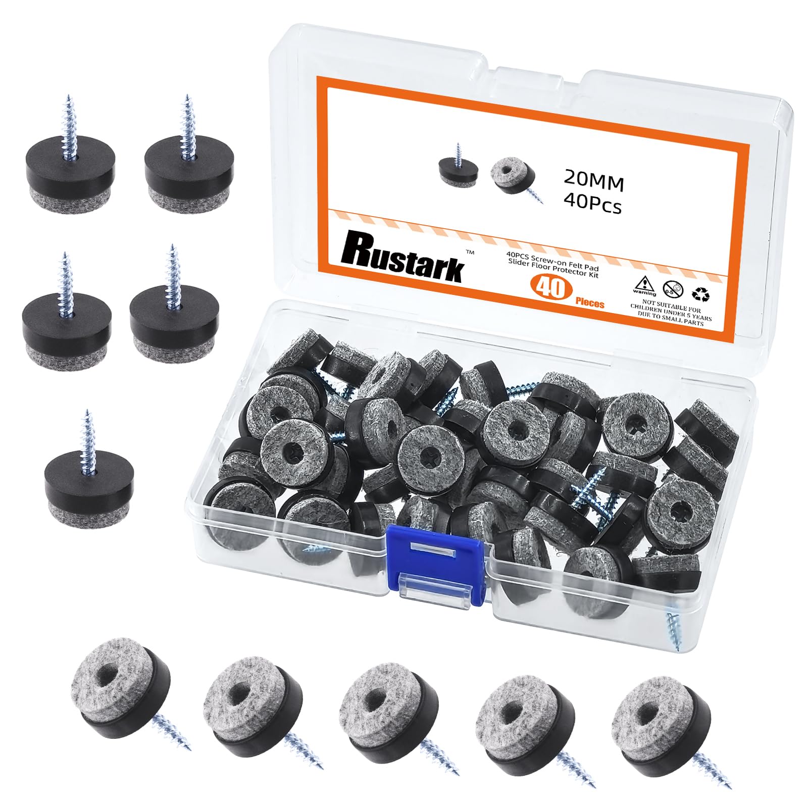 Rustark 40pcs 20mm Black Round Felt Pad Slider Floor Protector with Matching Screws, Non-Slip Furniture Felt Chair Pads for Wooden Cutting Board Cabinet Tables Chair