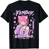 Femboy Anime Character with Cat Ears and Hearts T-Shirt