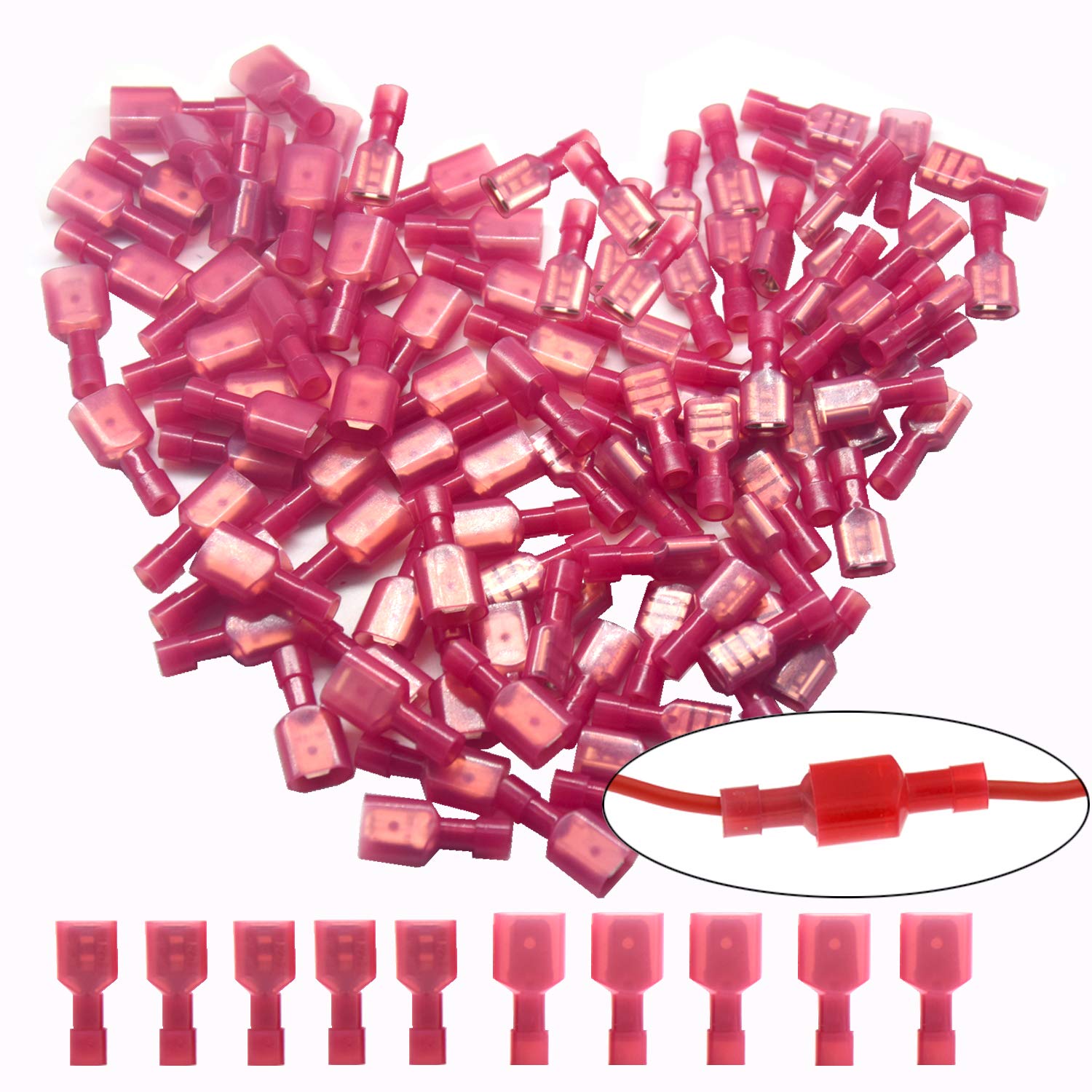 CEEYSEE 100Pcs Wire Connectors Red 22-16AWG Nylon Fully Insulated Male & Female Spade Quick Disconnects Electrical Crimp Terminals（NSH)