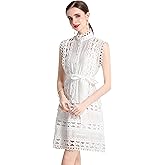 LAI MENG FIVE CATS Womens Summer Sleeveless Hollow Out Button Casual Loose Mini Party Dresses with Belt