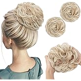 SARLA 2PCS Messy Hair Bun Hair Pieces Wavy Curly Synthetic Updo Fake Scrunchies Ponytail Extension for Women Cream Blonde