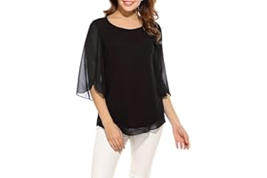 Oyamiki Womens Casual Chiffon Dressy Top Scoop Neck 3/4 Sleeve Double Layers Flowy Blouse Shirt