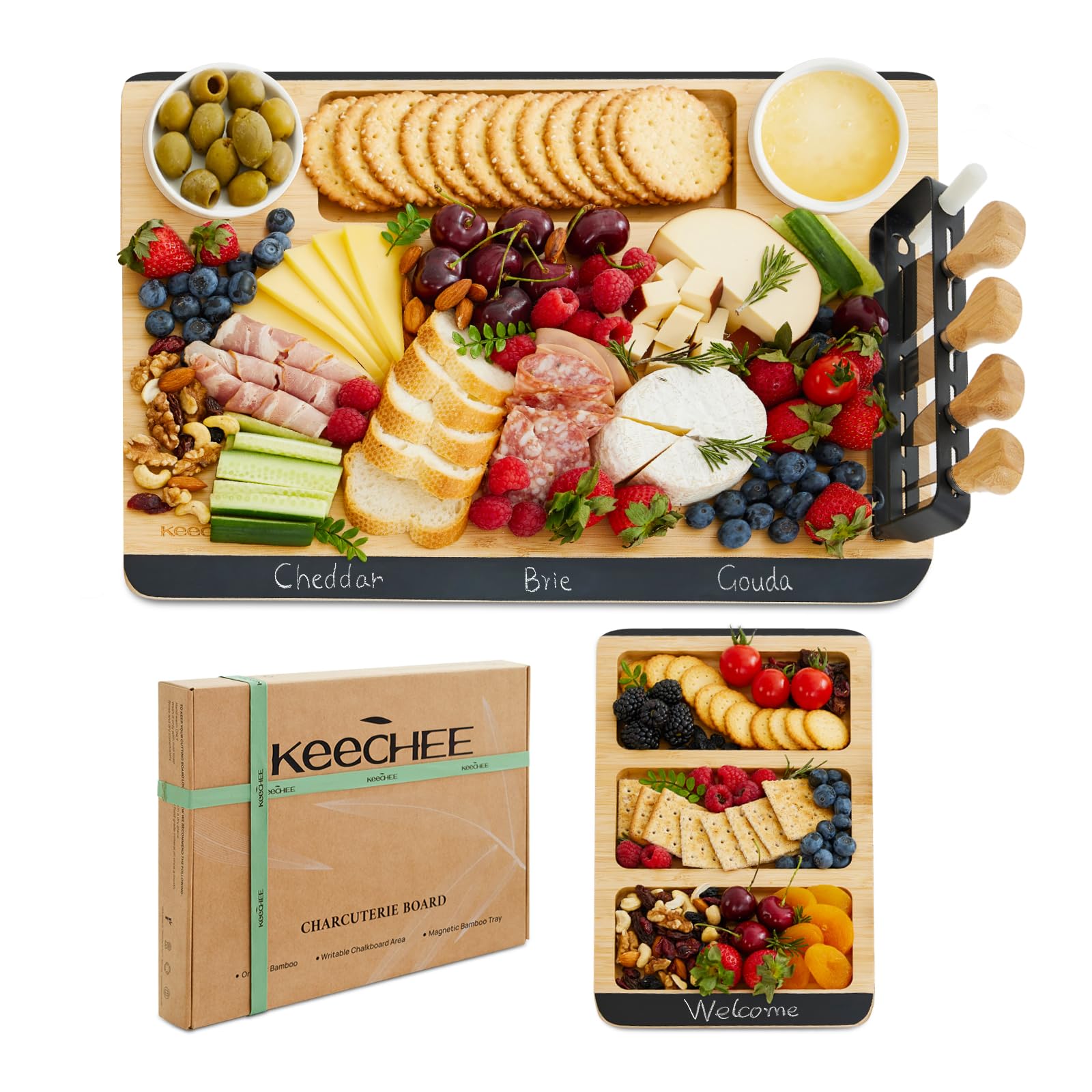 Photo 1 of keechee Charcuterie Boards Gift Set: Large Bamboo Cheese Board Set with Chalkboard Edge & Forks Set - Ideal for Housewarming, Weddings, Bridal Showers, and Unique Gifts for Mom