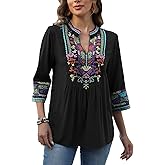 LauraKlein Mexican Embroidered Tops for Women Summer Boho Chic 3/4 Sleeve Shirts Peasant Blouses Hippie Bohemian Clothing