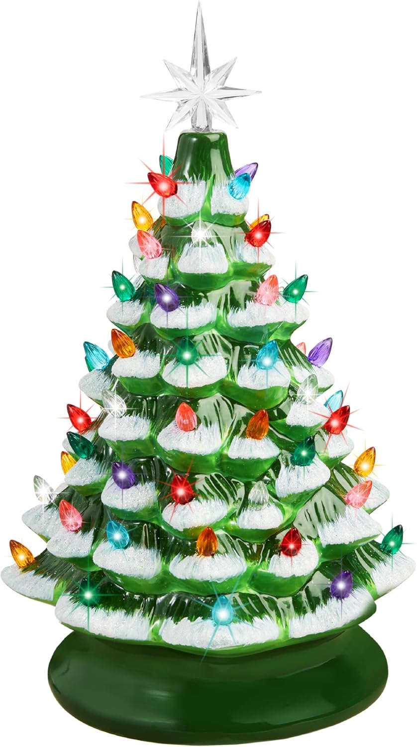 Trees - Best Choice Products 15in Ceramic Christmas Tree, Pre-lit Hand-Painted Tabletop Holiday Tree, 2 Star Toppers, 64 Lights - Flocked w/Multicolored Bulbs