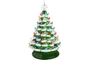 Best Choice Products 15in Ceramic Christmas Tree, Pre-lit Hand-Painted Tabletop Holiday Tree, 2 Star Toppers, 64 Lights - Flocked w/Multicolored Bulbs