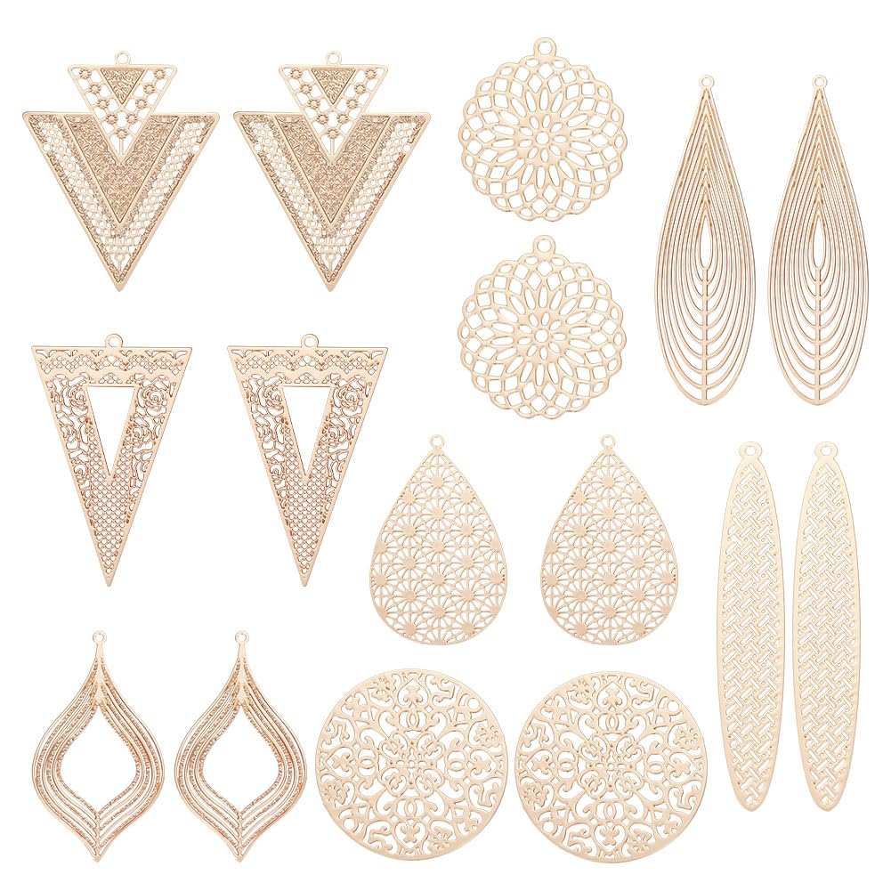 UNICRAFTALE 32pcs Brass Light Gold Boho Filigree Pendant Stainless Steel Teardrop Round Charms Boho Filigree Pendant Jewelry Making Charms Earring Charms Gift For DIY Lover 30~61mm