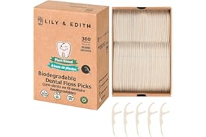 LILY & EDITH Plant Based Dental Floss Picks Adults and Kids 300 Counts, Fluoride-Free, Plant Based Straw Wheat, Earth Friend, Zero Waste Package, Shred Resistant (Unflavored)