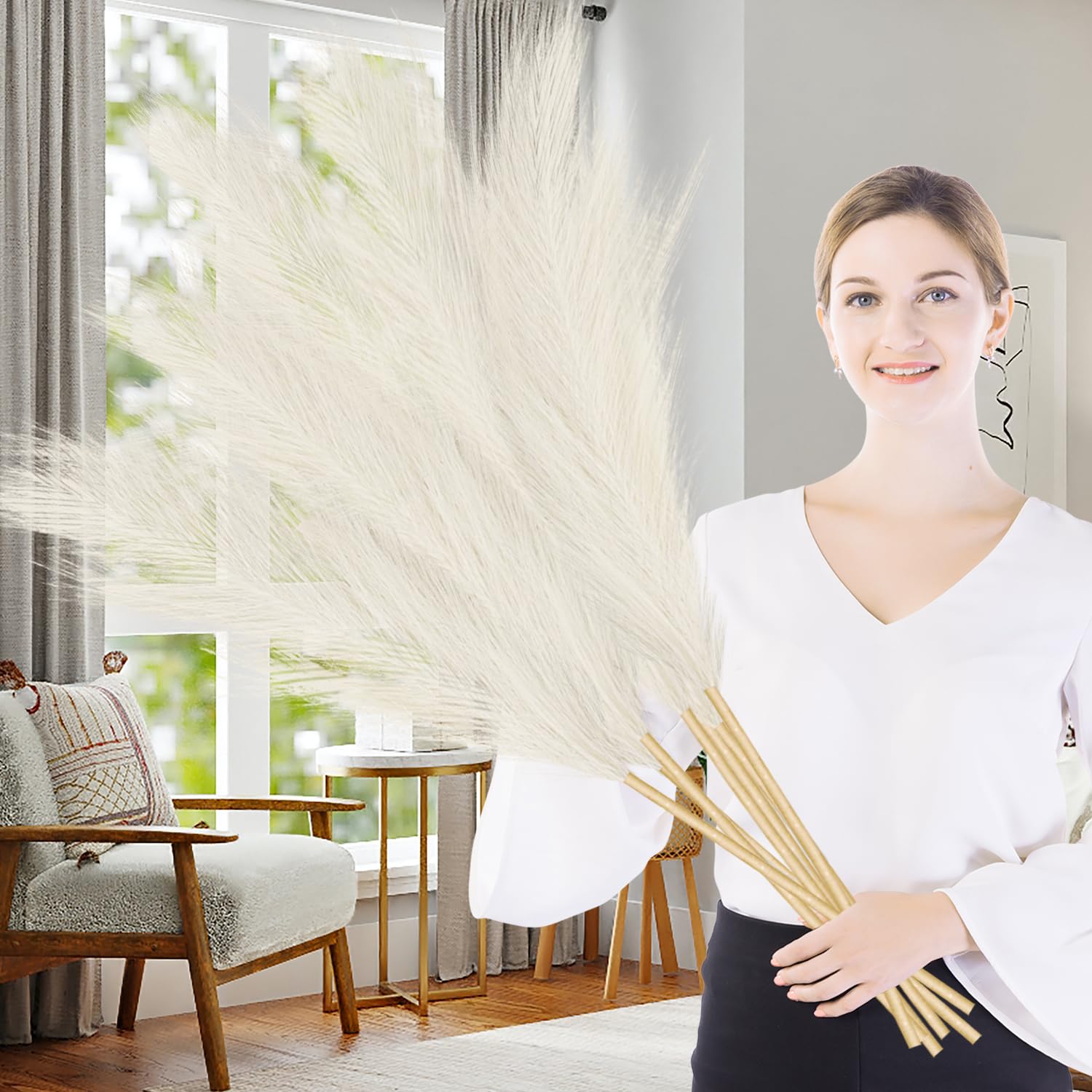 Lighterday 7 Pcs Pampas Grass Artificial 38"/97cm Large PampasGrass Dried Tall Pampas Grass Floor Vases Fluffy Faux PampasGrass for Wedding Living Room Bedroom Boho Home Decor (Beige)
