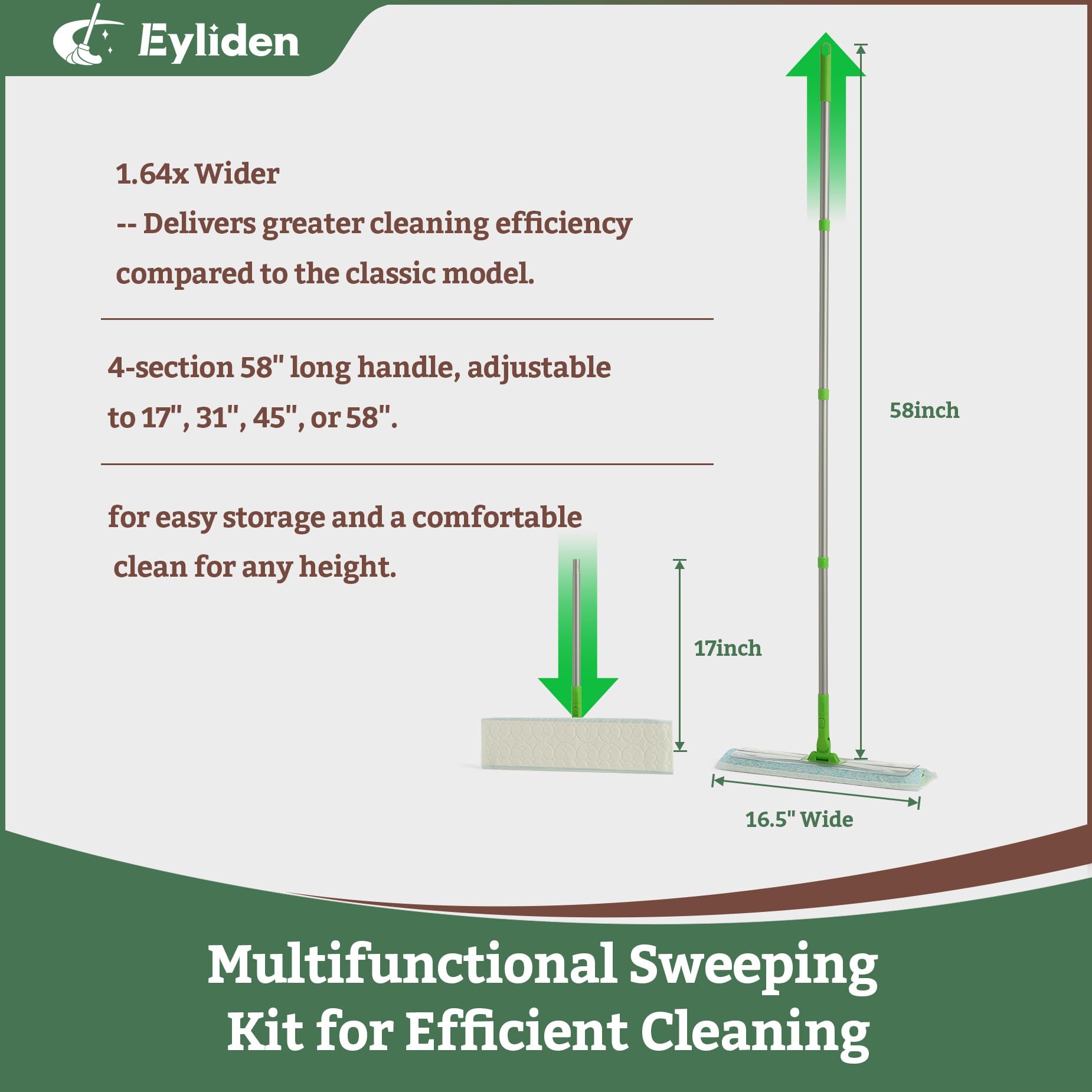 Condition photo showing As Is for eyliden large sweeper mop, 16.5" wide, 22 disposable dry & wet cloths