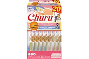 INABA Salmon Churu Cat Treats, Lickable, Squeezable Creamy Purée Cat Treat with Green Tea Extract & Taurine, 0.5 Ounces Each Tube, 20 Tubes, Salmon & Tuna Variety Box
