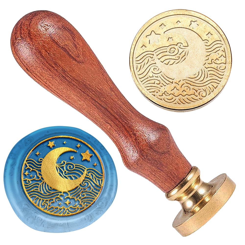 DELORIGIN 1" Moon Star Cloud Wax Seal Stamp Retro Sealing Stamps Removable Brass Head Seal Stamp with Wooden Handle Sealing Wax for Envelope Greeting Card Letter Wedding Invitation Gift Wrapping Decor