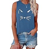 LOOKFACE Women's Crewneck Sleeveless Tank Top with Cat Graphic Print Cute Tunics