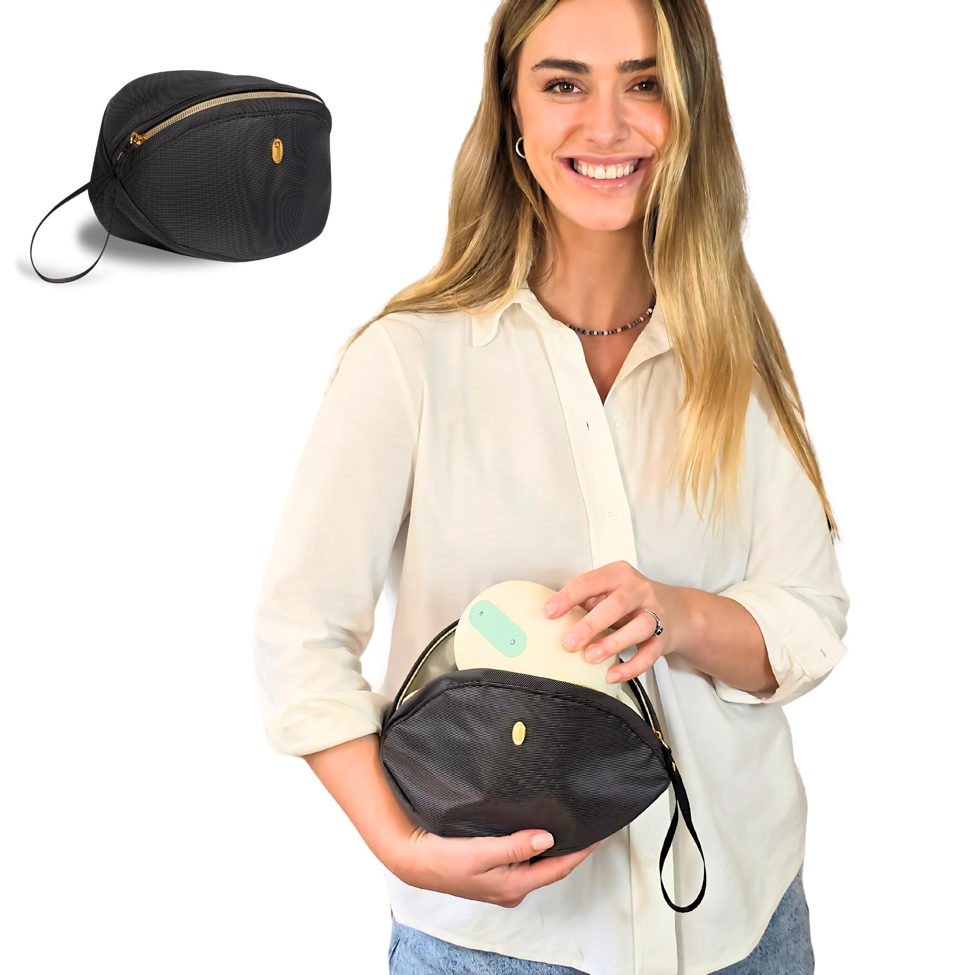 Photo 1 of Wearable Breast Pump Bag - Fits Elvie, Willow, Momcozy and All Others - Black Small Pump Bag with Wrist Strap – Hands-Free Pump Carrying Case and Storage for Travel