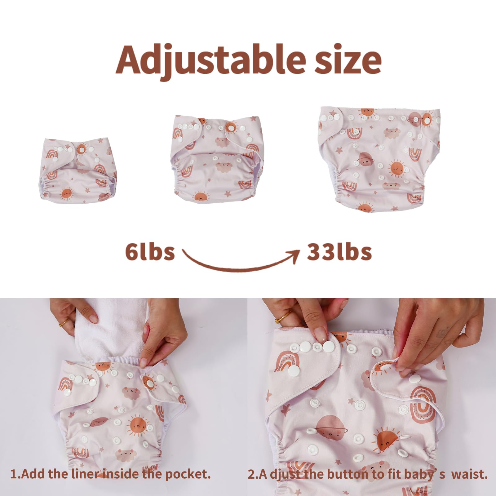 12 Set Reusable Adjustable Cloth Diapers for Newborn to 0-3 Years,One Size Washable Pocket Nappy Covers for Baby Girl and Boy,6 Pack Cloth Diapers+6pcs Microfiber Inserts(Pink)