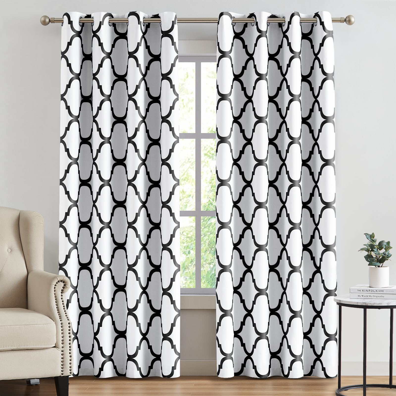 Melodieux Moroccan Printed Room Darkening Blackout Grommet Curtains for Living Room Bedroom, 52 by 72 Inch, Off White/Black (2 Panels)