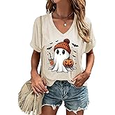 Butovek Women Fall Halloween V Neck Shirt Thanksgiving Graphic Short Sleeve Tee Autumn Holiday Family Matching Tops