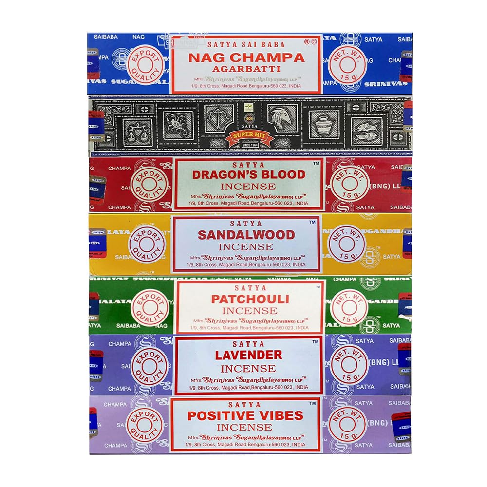Satya Incense Gift Set Nag Champa, Super hit, Dragon's Blood, Sandalwood, Patchouli, Lavender, Positive Vibes, 15 g
