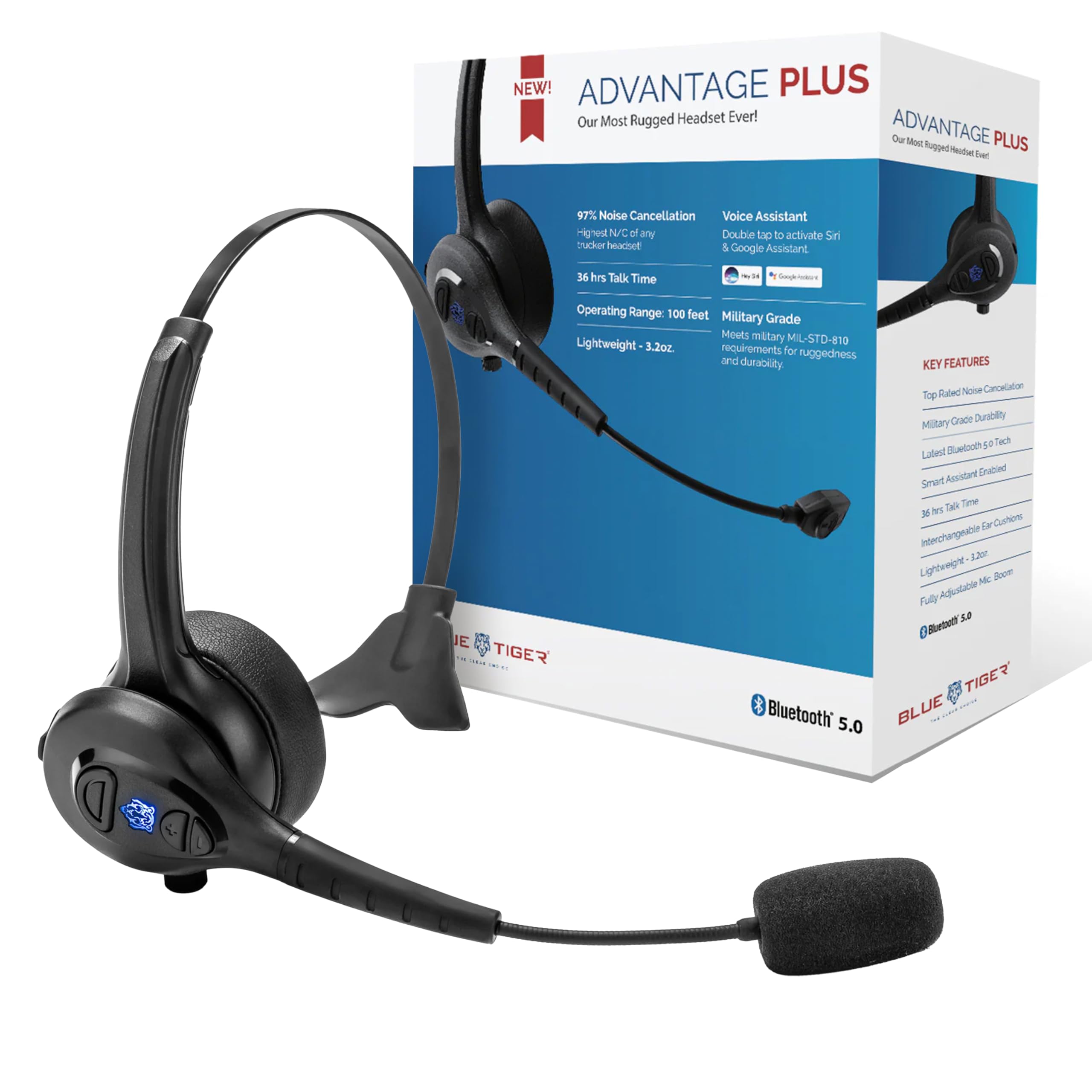 Blue Tiger Advantage Plus Wireless Bluetooth Headset - Professional Trucker and Office Headset with Microphone - Durable, Noise Cancelling, Clear Sound, Long Battery Life, No Wires - 36 Hour Talk Time