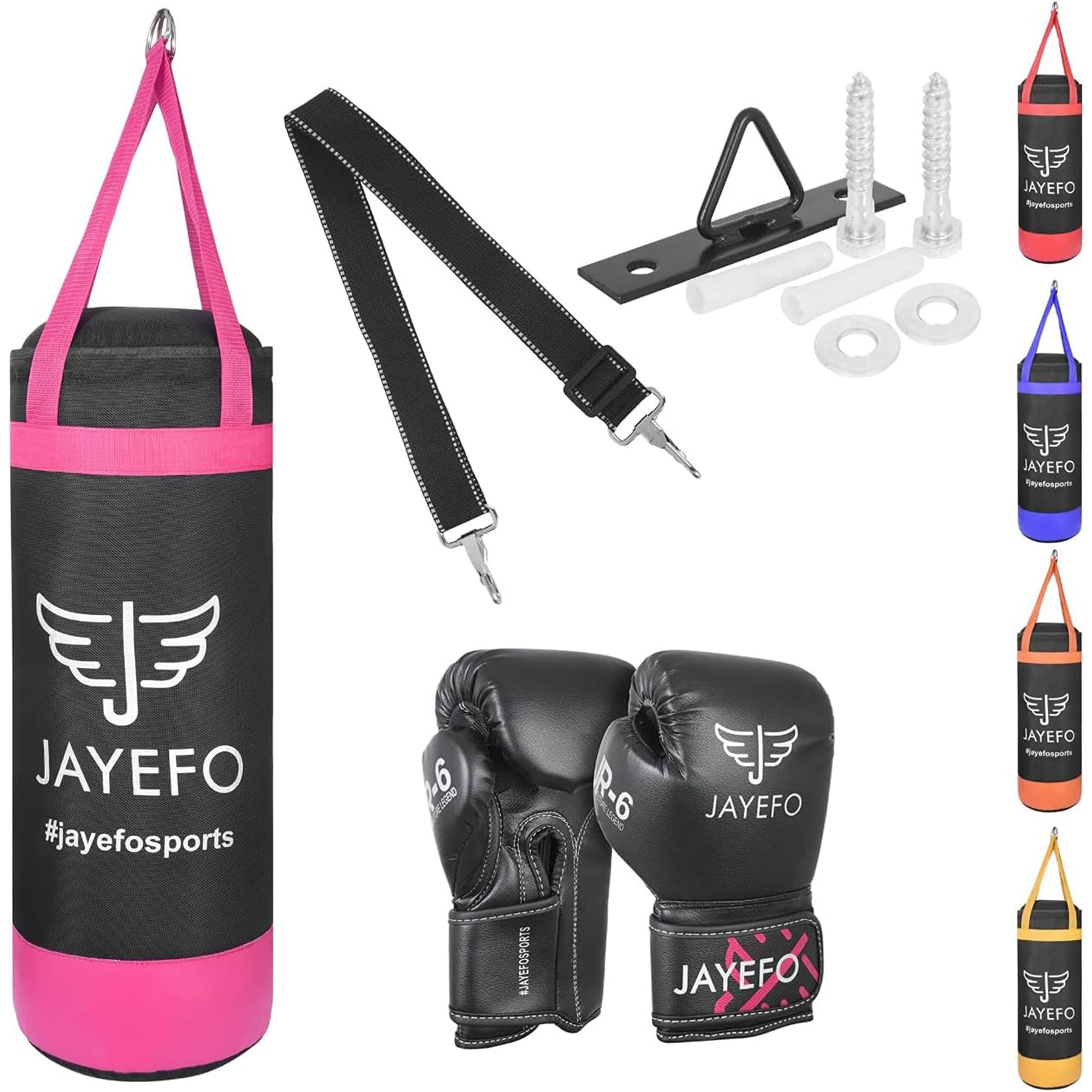 Jayefo Kids Punching Bag Set - 5 pcs Childrens Punch Bag and R-6 Gloves Set for MMA, Kickboxing, Muay Thai & Karate, Adjustable Length Hanging Straps Include | Best Gift for Kids Immunity