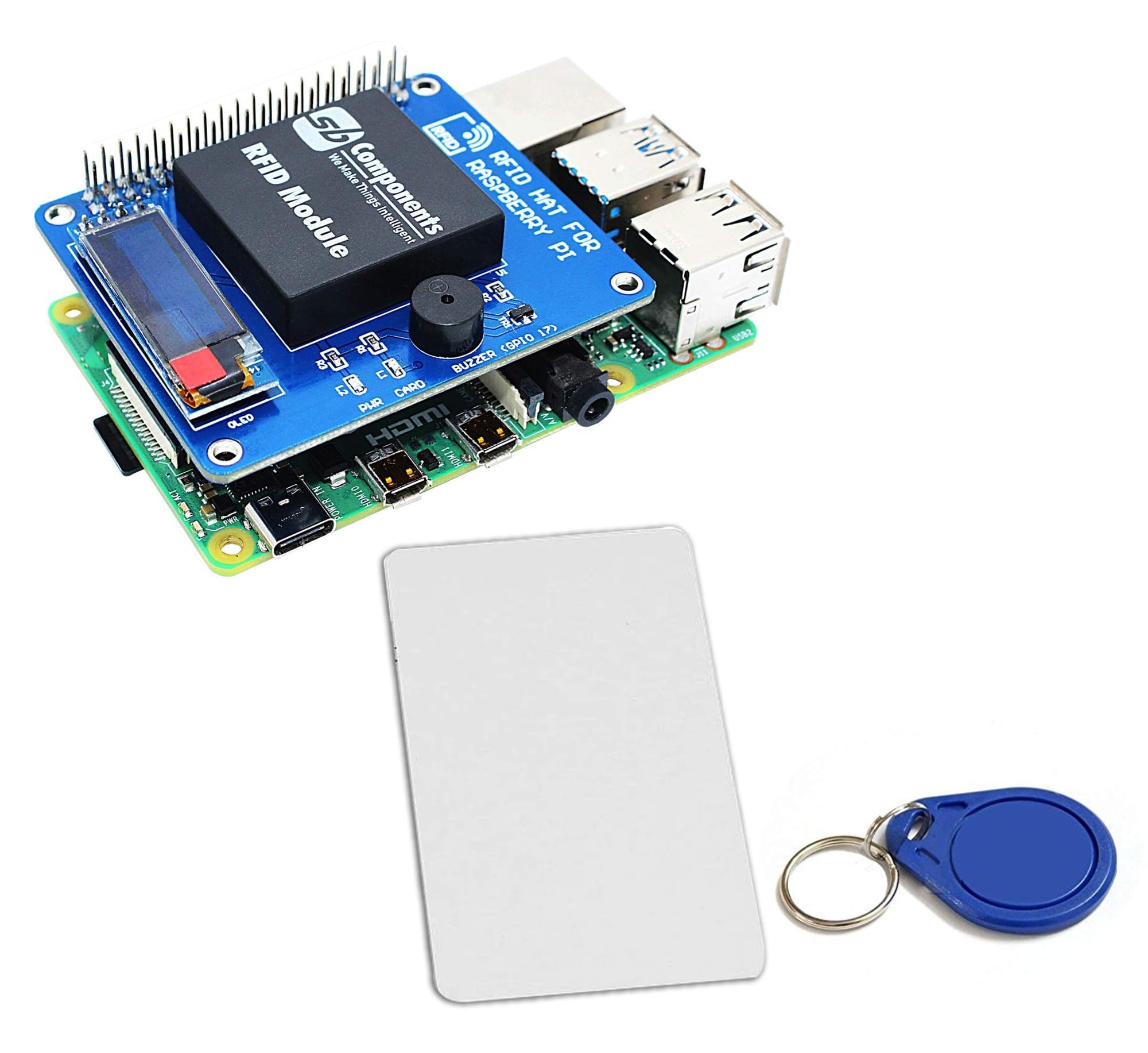 sb components RFID HAT for Raspberry Pi with 0.91” OLED Display, RFID Shield Expansion HAT for Raspberry Pi 4B/3B+/3B/2B/B+/A+/Zero and Zero W, Raspberry Pi RFID Reader & Control Board