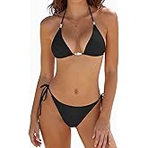 Women’s Halter Thong Bikini Set Two Piece Swimsuit with Beaded Triangle Top Adjustable Neck
