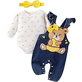 TOKIAGO Baby Girl Clothes Outfits Fall Winter Cute Love Romper Bear Cartoon Overalls Jeans Pants Headband Set 0-18 Months